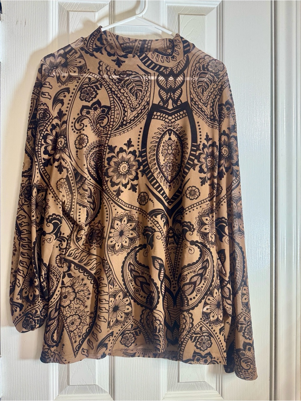 Tan and Black Paisley Mock-Neck Long Sleeve Top